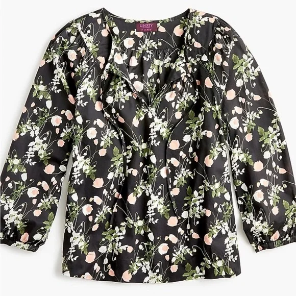 J Crew Point Sur Peasant Top Liberty London Art Fabric Poppy Dream Black Sz XS - Picture 16 of 16